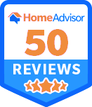 A home advisor 50 reviews badge with three stars on it.