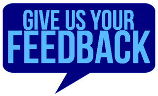 A blue sign that says give us your feedback