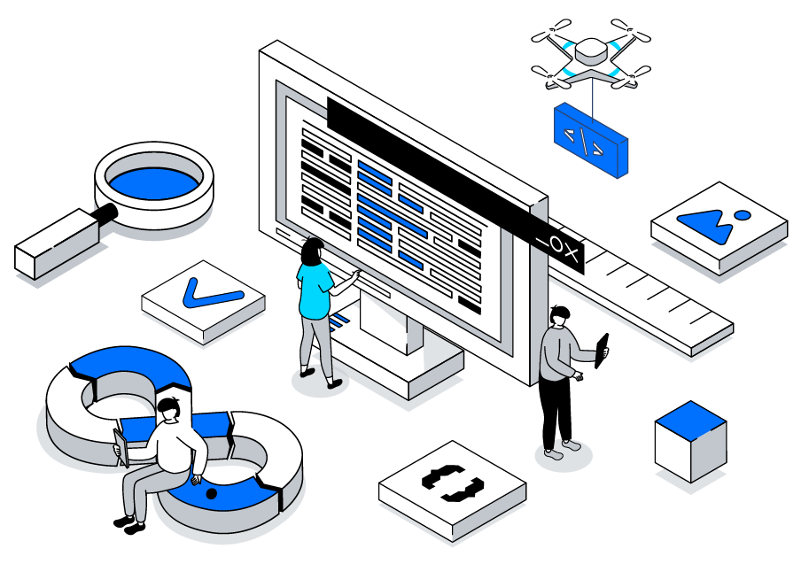 An isometric illustration of a group of people working on a computer.