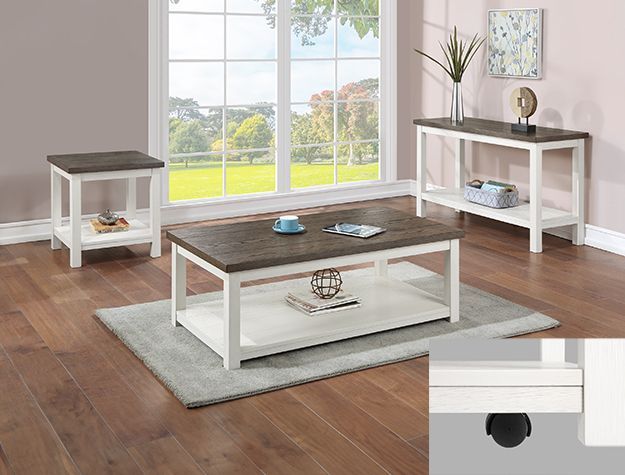 A living room with a coffee table , end table , and console table.