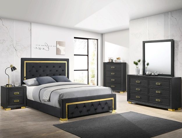 A bedroom with a bed , dresser , nightstand , mirror and rug.