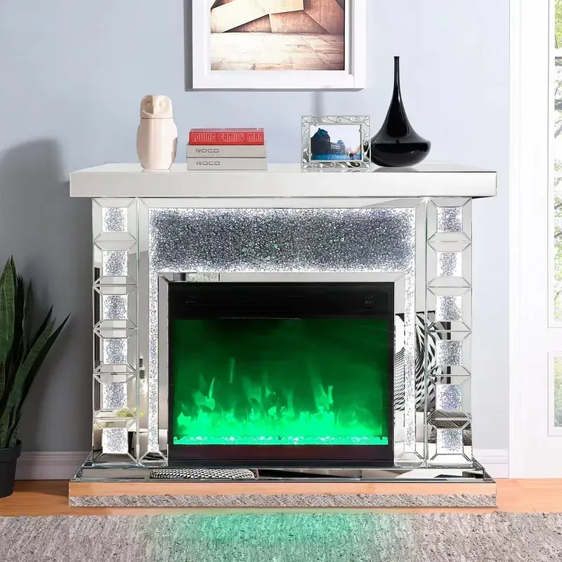 A fireplace with a green light on it in a living room.