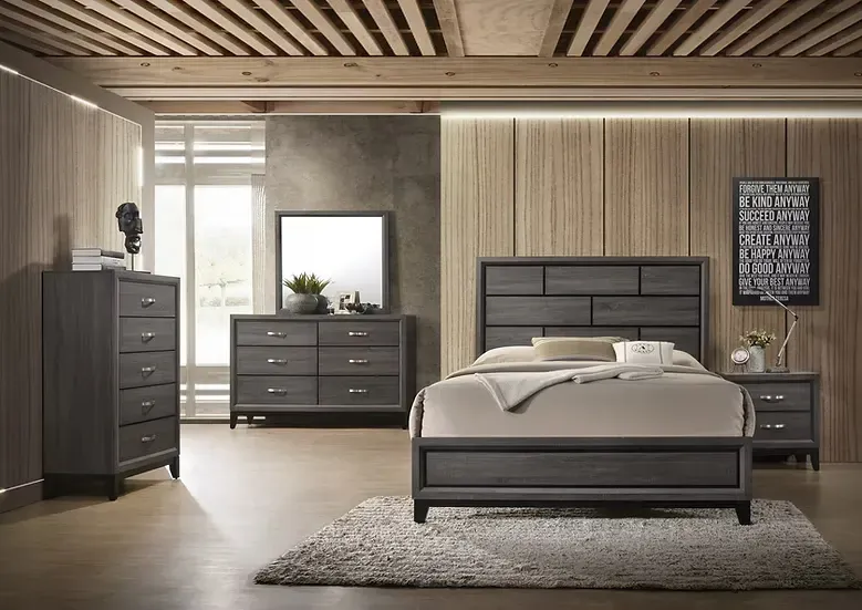 A bedroom with a bed , dresser , nightstand , mirror and rug.