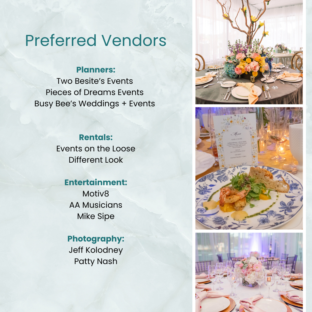 List of preferred wedding vendors with related photos.
