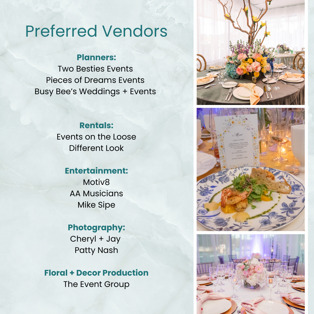 List of preferred wedding vendors with related photos.