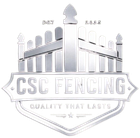 Logo for CSC Fencing featuring a fence graphic above the text "CSC FENCING" and the tagline "QUALITY THAT LASTS."