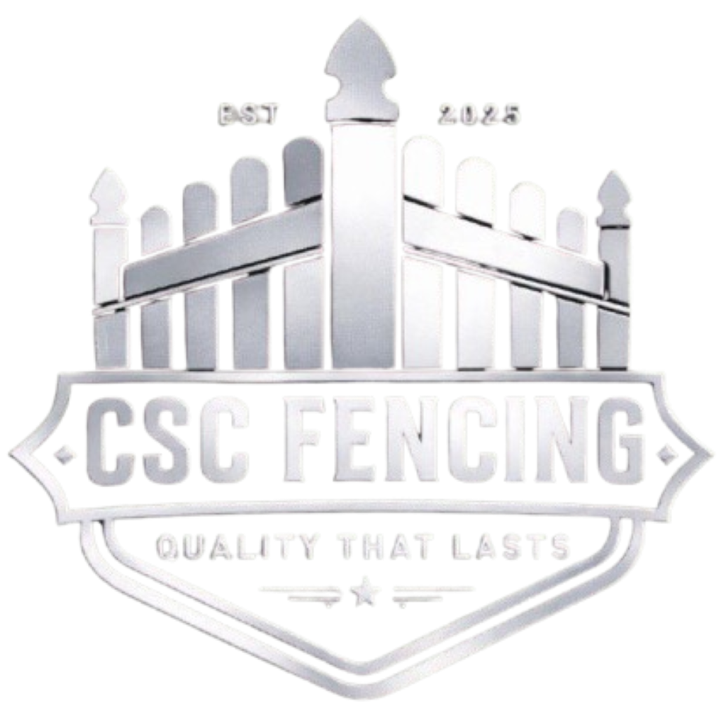 Logo for CSC Fencing featuring a fence graphic above the text "CSC FENCING" and the tagline "QUALITY THAT LASTS."