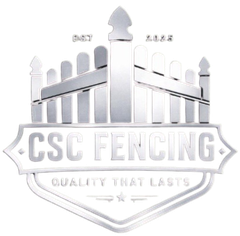 Logo for CSC Fencing featuring a fence graphic above the text "CSC FENCING" and the tagline "QUALITY THAT LASTS."