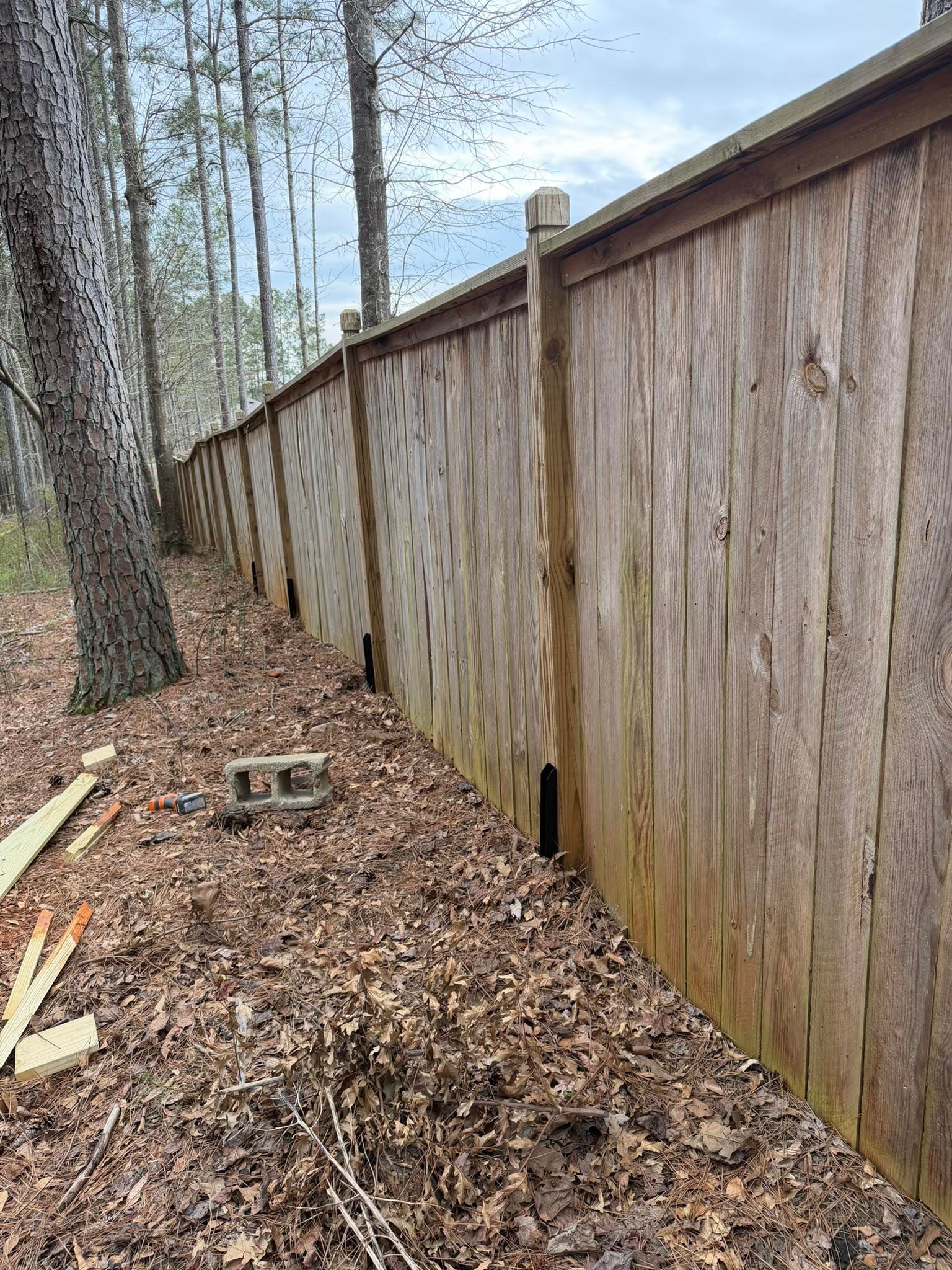 A new wooden fence stands along a tree line, with dark metal supports visible at the base of the posts.