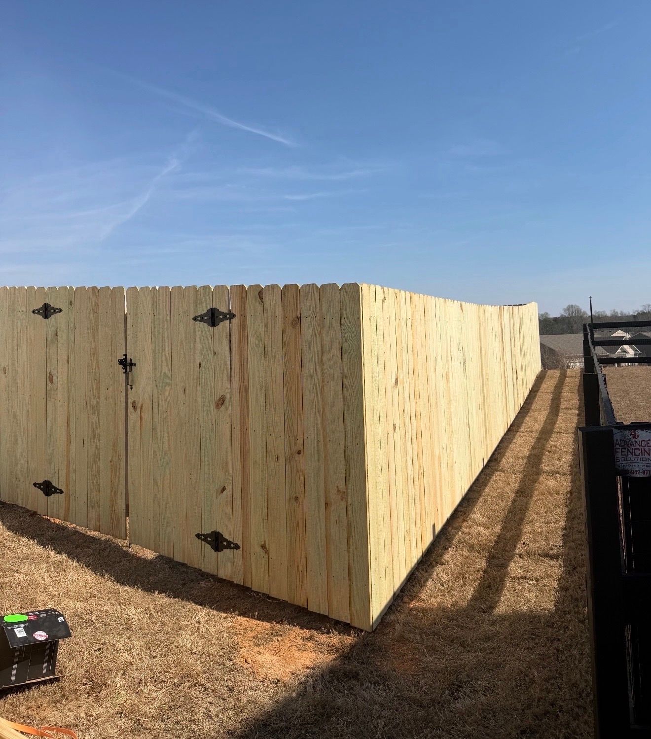 A light-colored wooden fence runs horizontally across a grassy lawn with a small, budding tree standing in the center.