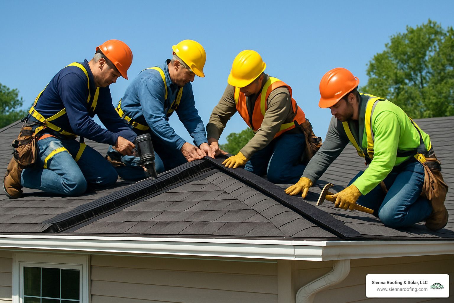 Professional roofing crew installing ridge vent system - roofing installation Sugar Land TX
