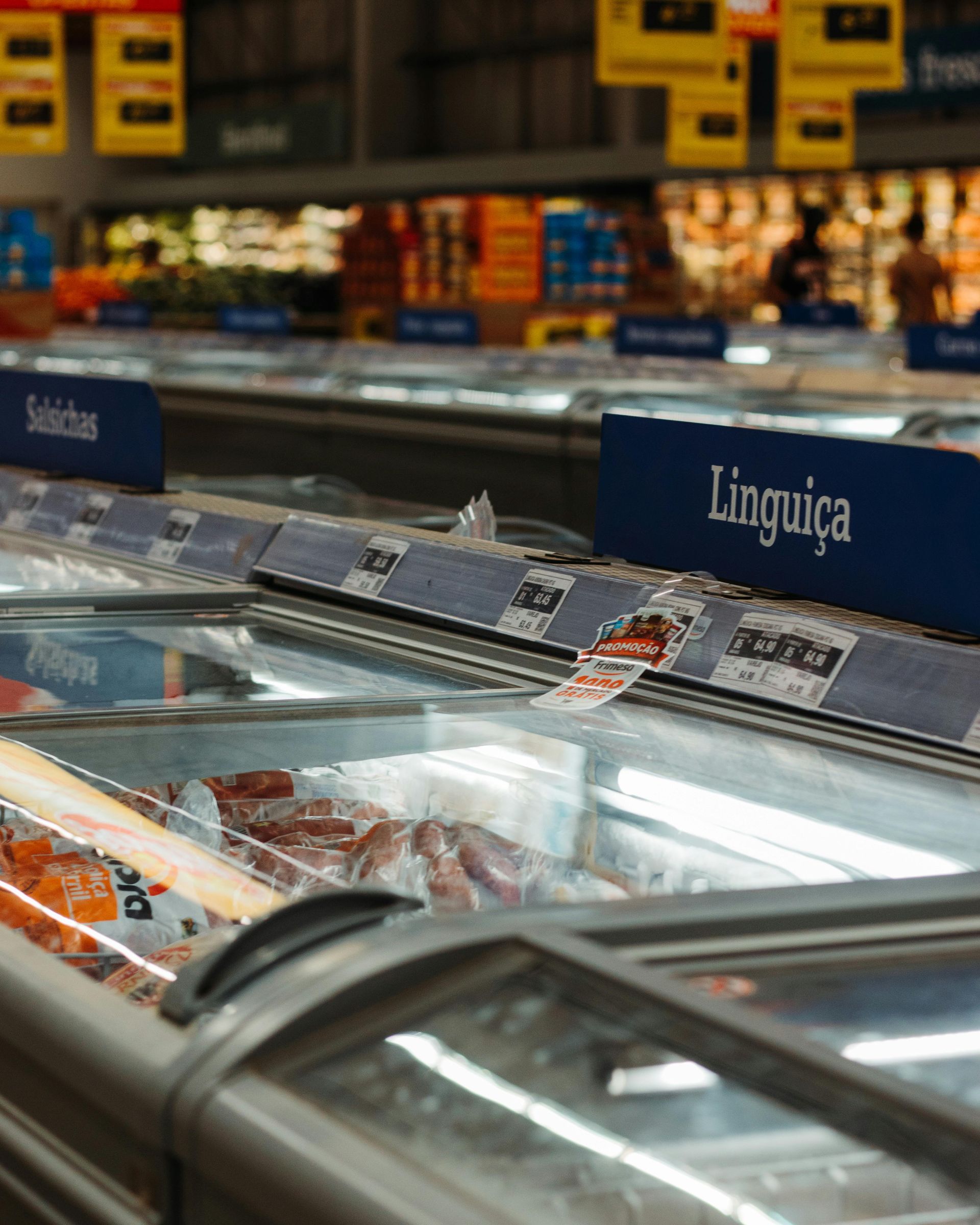 A frozen section of a grocery store with a sign that says linguiça