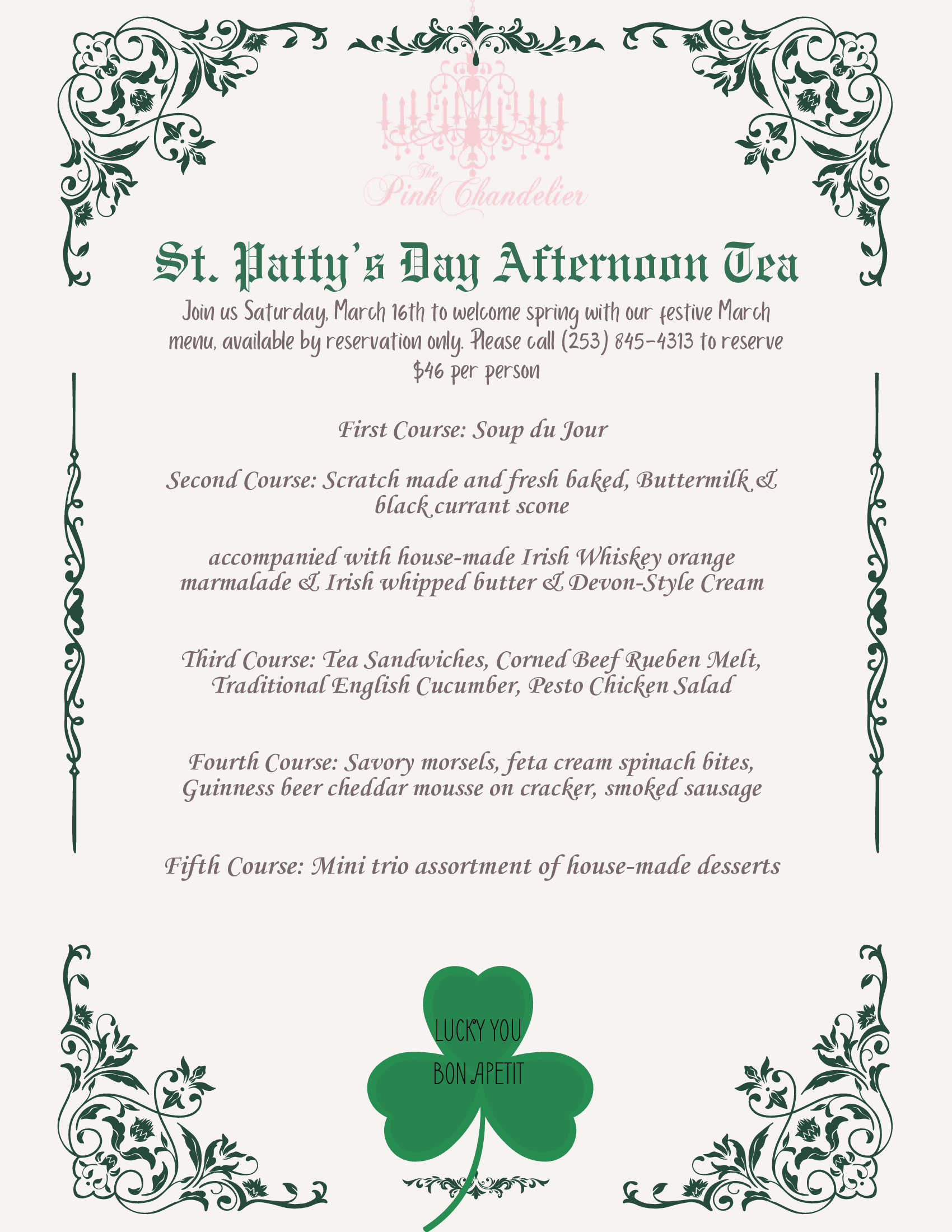 A Menu for St. Patty 's Day Afternoon Tea — Puyallup, WA — The Pink Chandelier