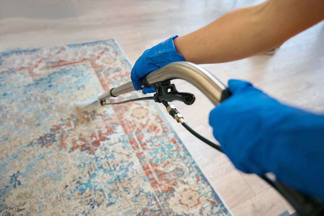 A person is cleaning a area rug on Long Island 
