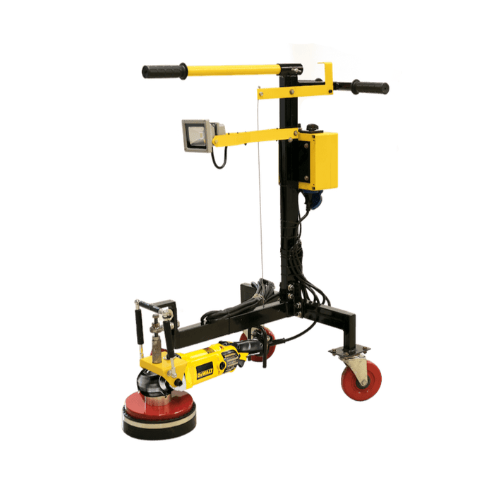 A yellow and black machine with wheels on a white background.