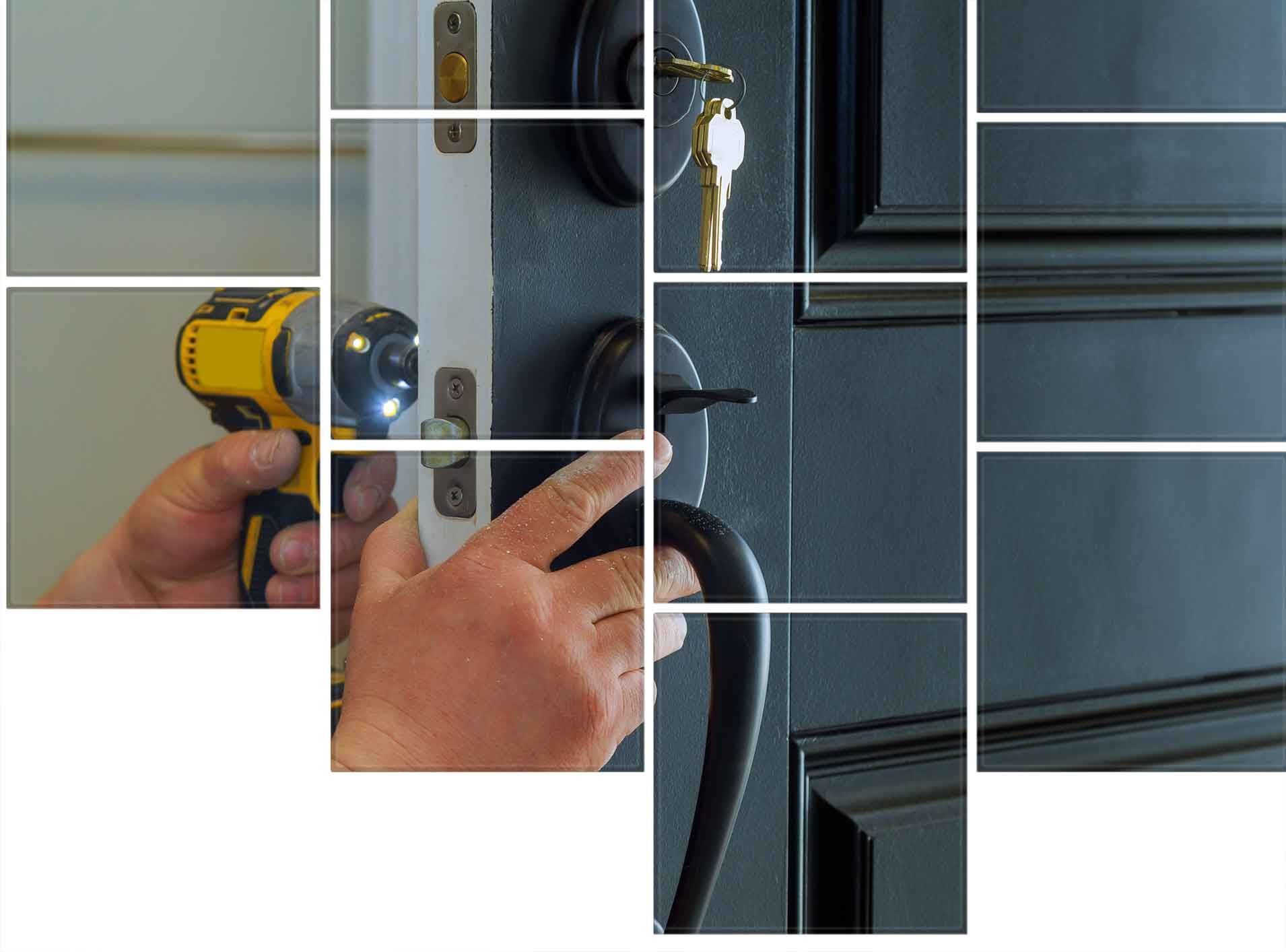Installing a door handle; person using a power drill. Black door with handle and key.