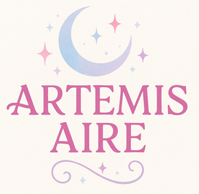 Logotipo con luna creciente, estrellas, “ARTEMIS AIRE” en rosa y florituras.
