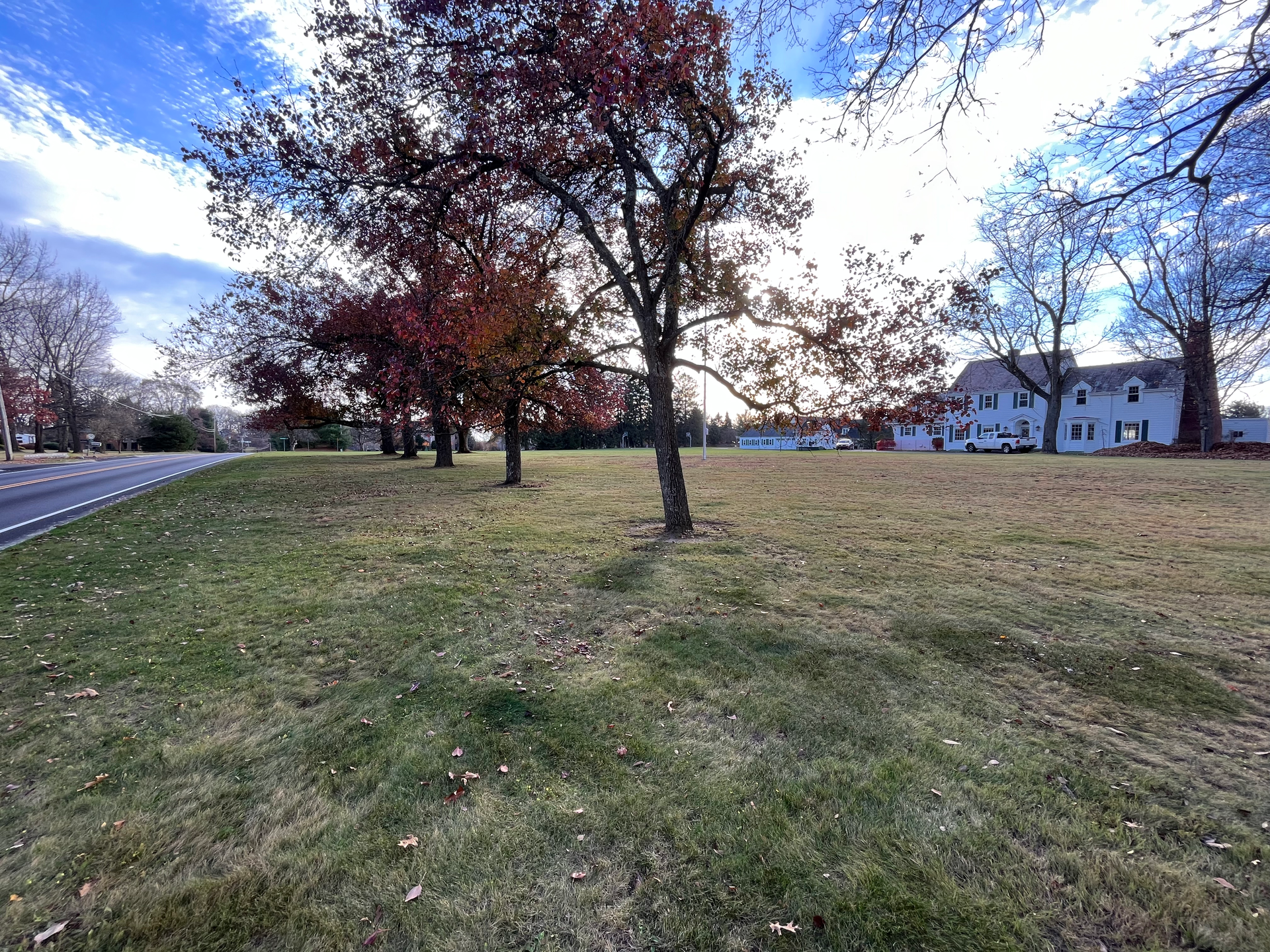 a large grassy field with trees and a house in the background .