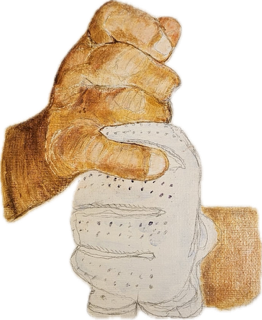 Grip Guru Golf Brown hand squeezing a white glove.