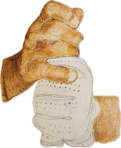 Brown hand squeezing a white glove.