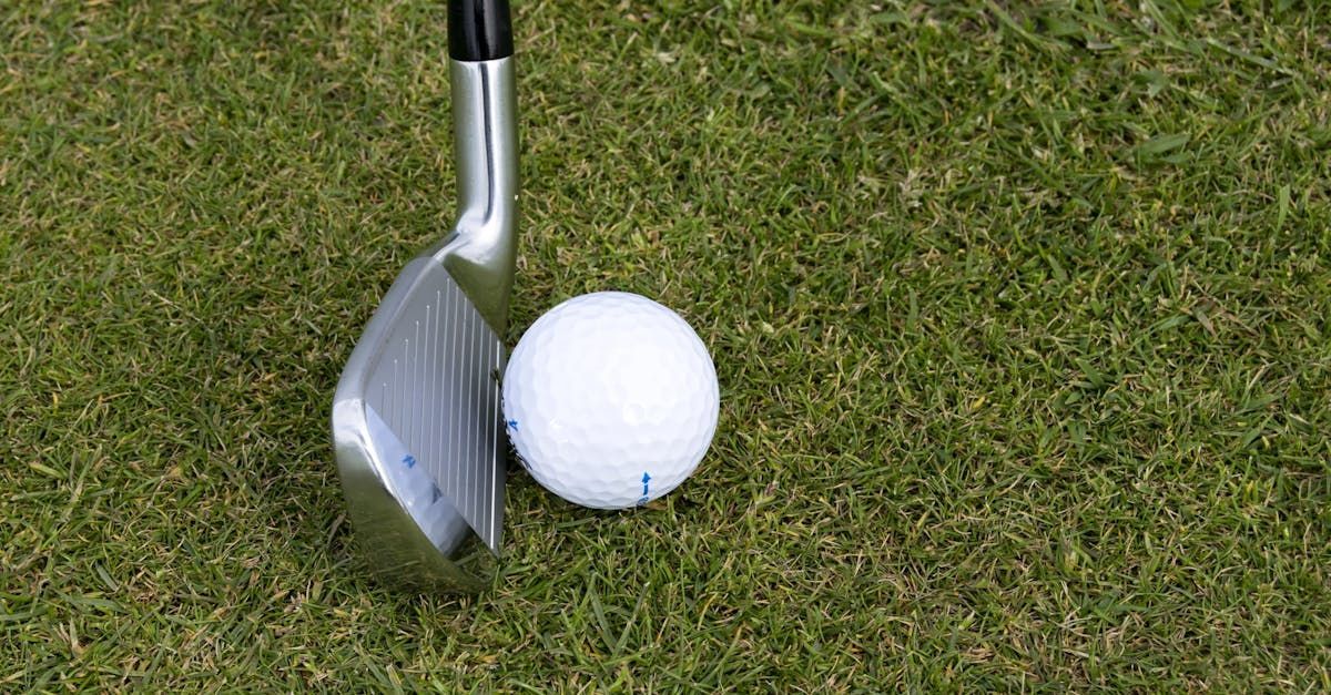 Golf club positioned behind a white golf ball on green grass.