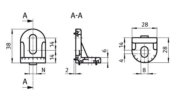 Technische tekening draaihoek voor aluminiumprofielen Alumes voor systeemprofielen