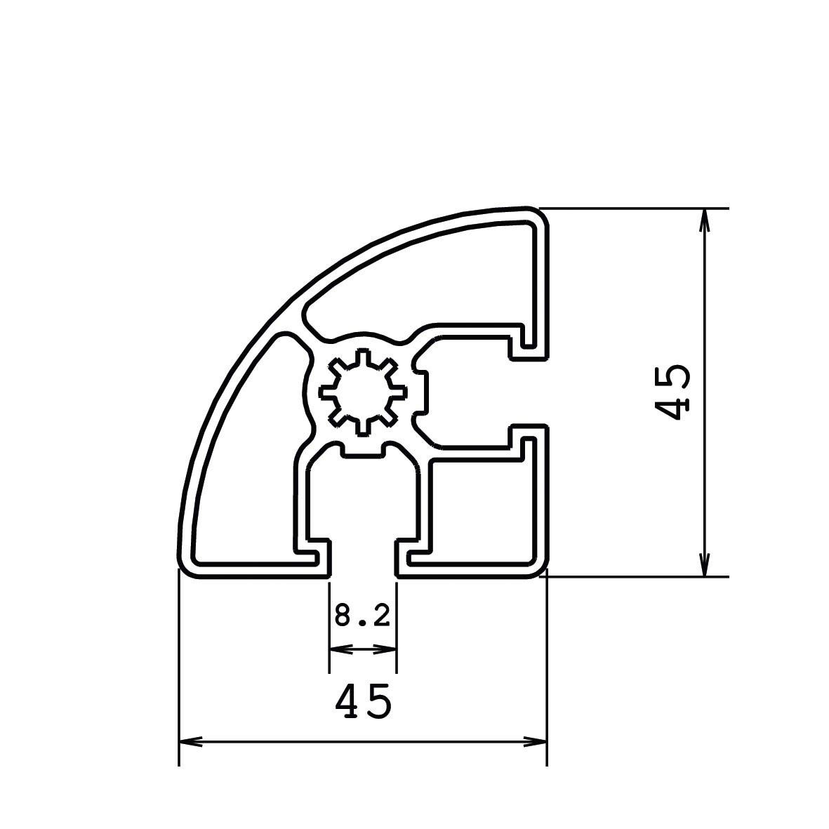 Technische tekening halfrond systeem aluminium profiel 45x45R 2G 90°