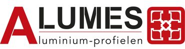 Het logo van Alumes waarbij het uiteinde van een aluminiumprofiel in het rood weergegeven wordt.