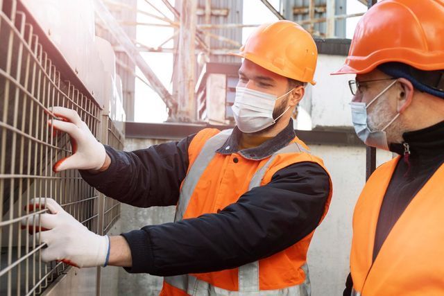 Two workers in orange vests and hard hats inspecting a metal structure, wearing masks outdoors.