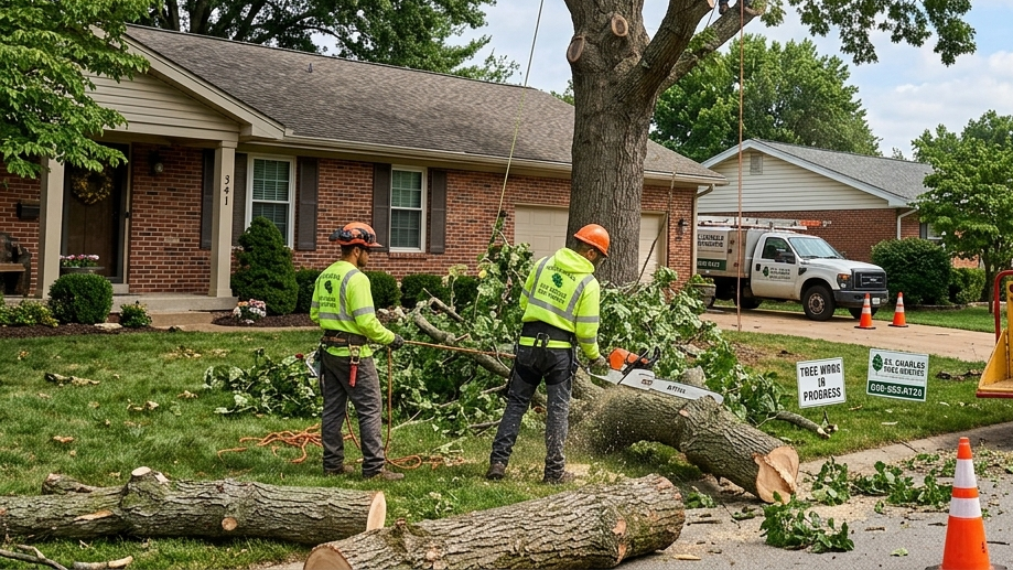 Stump grinding machine removing large stump from yard