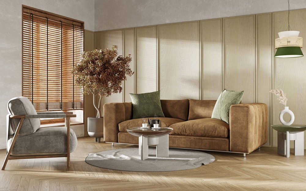 Modern Living Room with Wooden Wall — Instyle Curtains & Blinds in Bungalow, QLD
