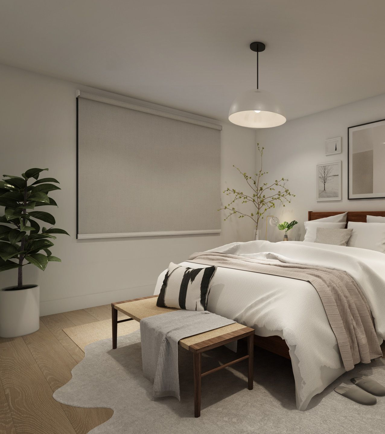 A bright room with closed gray shades and sheer blinds. Outside a patio and building.