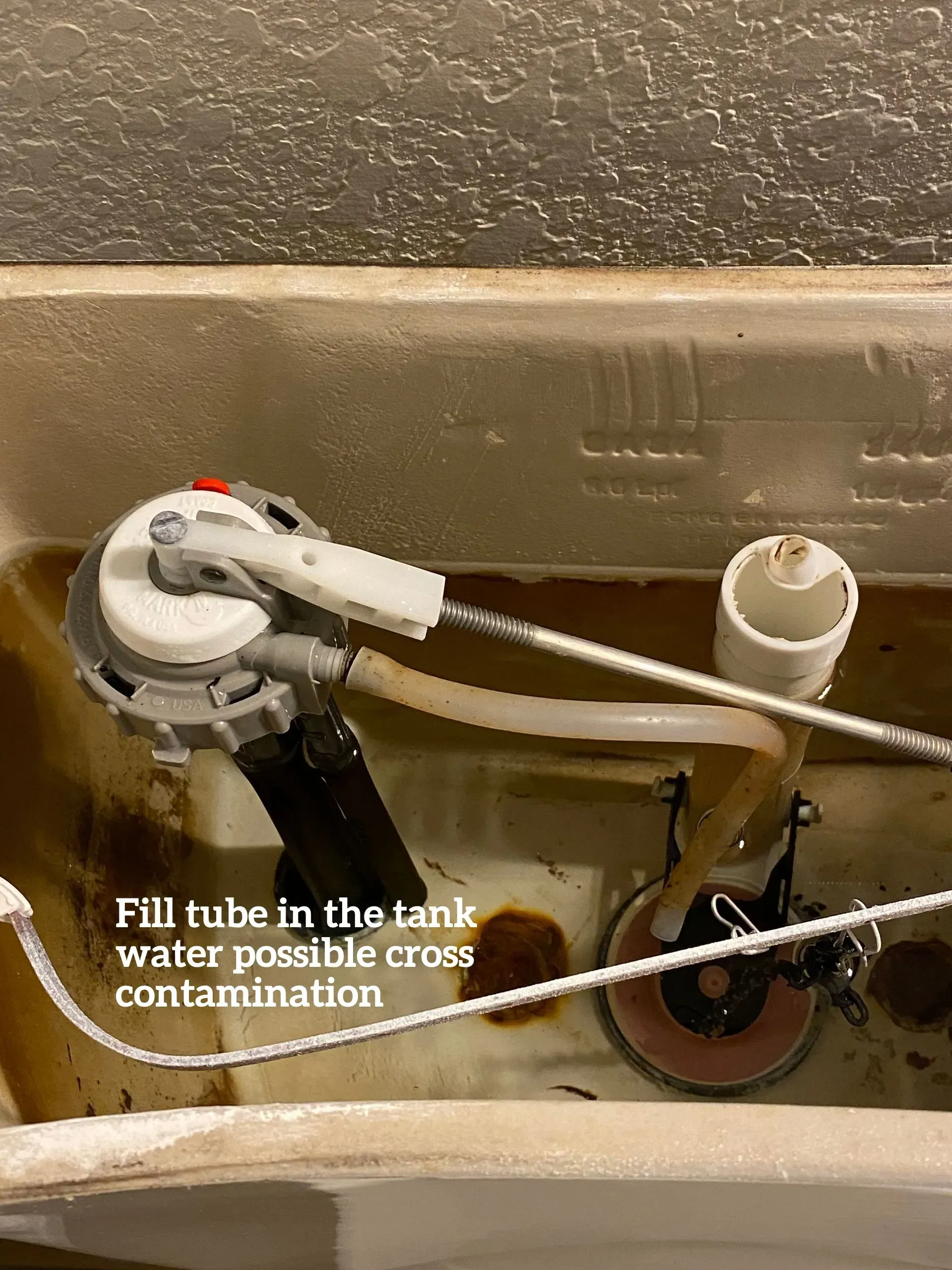 Open toilet tank interior showing a fill tube submerged in water with a text overlay about cross-contamination.