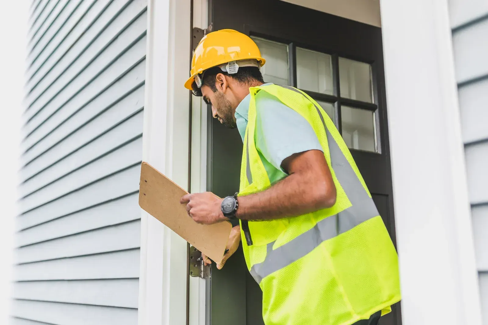 A worker in a yellow hard hat and reflective vest holds a clipboard while inspecting a doorway.