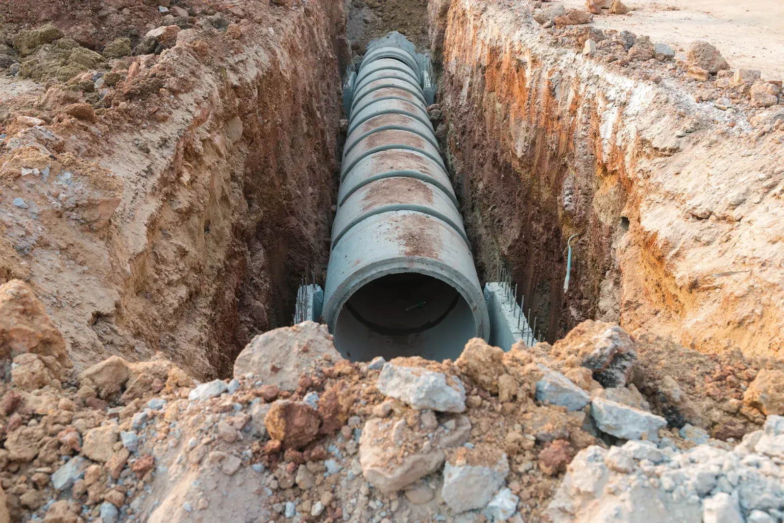 A series of large, grey concrete pipes being installed in a long, deep, open trench at a construction site.