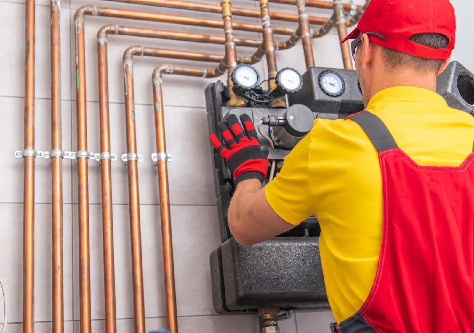 A person in a red cap and yellow shirt works on pipes and gauges installed on a tiled wall.