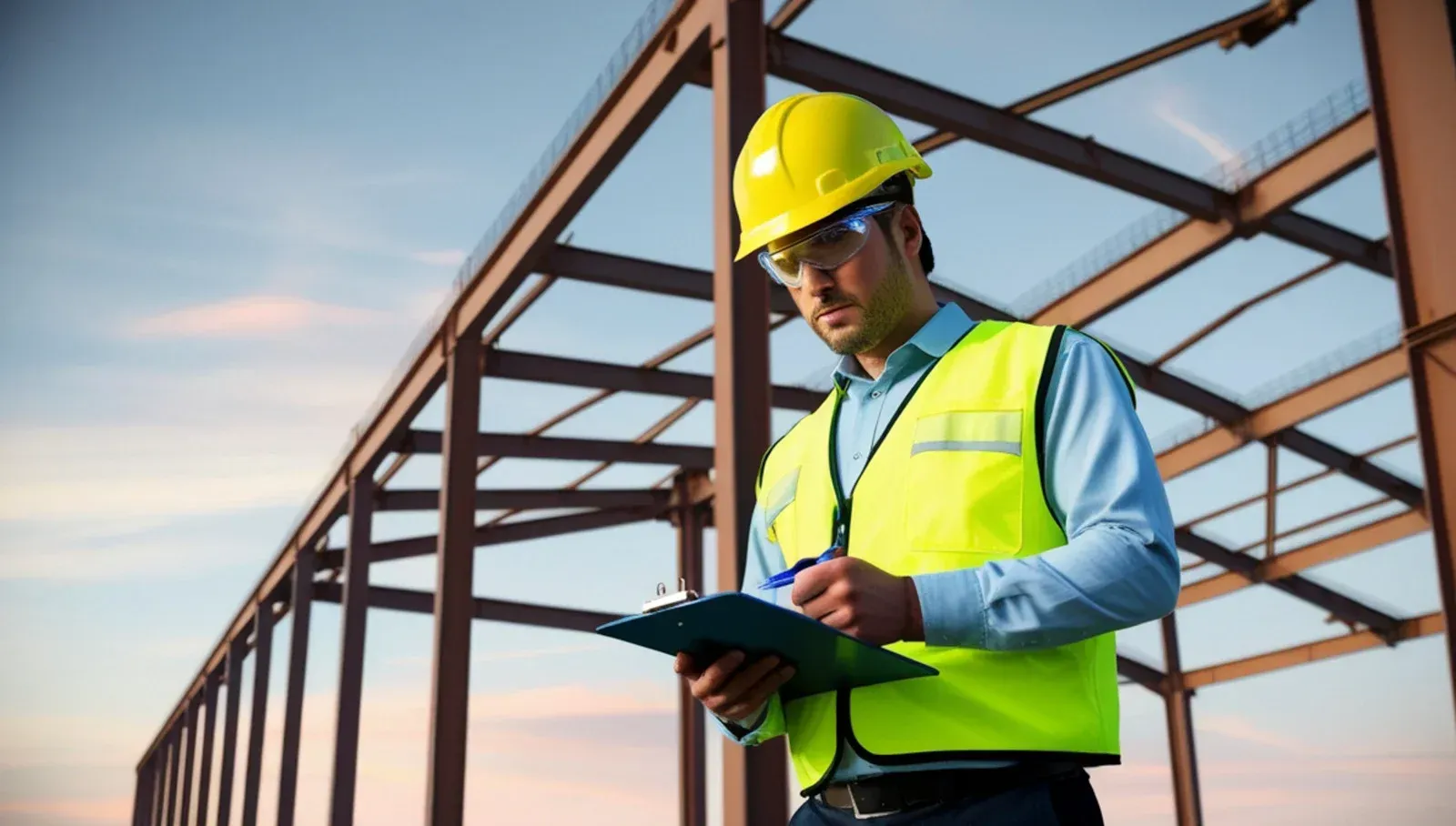 A worker wearing a yellow hard hat and high-visibility vest reviews documents at a steel-framed construction site.