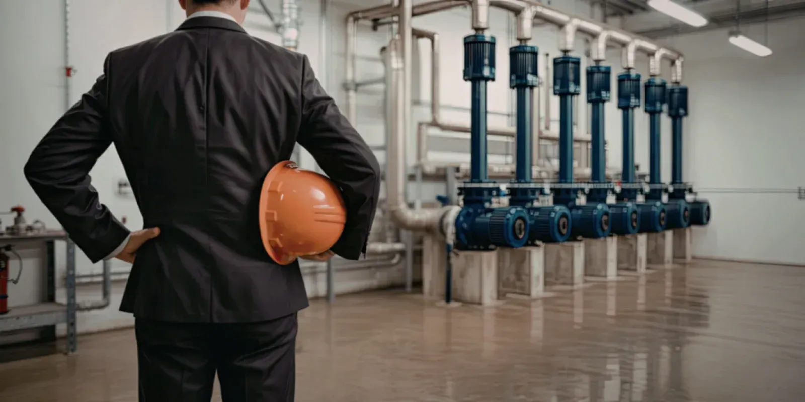 A person in a suit holds an orange hard hat, standing in an industrial facility with a row of blue pumps and piping.