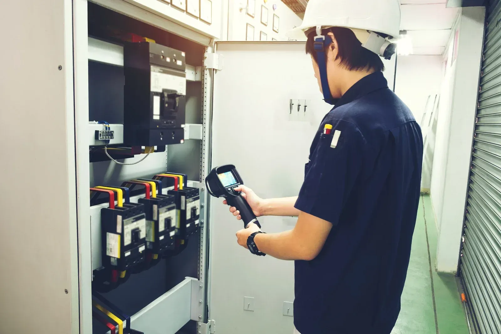 A technician wearing a hard hat uses a thermal imaging camera to inspect electrical equipment in an industrial cabinet.