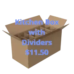 Cardboard kitchen box with dividers, label reads