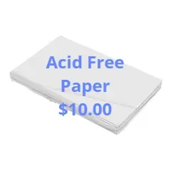 Stack of acid-free white paper with blue text overlay reading