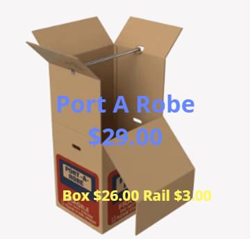 Cardboard Port A Robe with clothing rod, costs $29; Box $26, Rail $3.