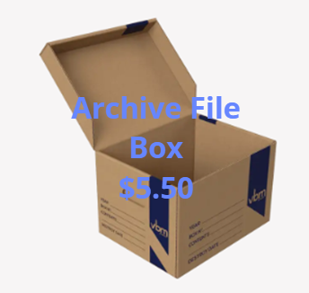 Brown archive file box with lid open, labeled