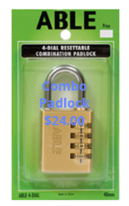Gold combination padlock in green packaging, labeled