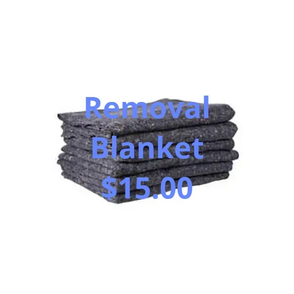 A stack of gray removal blankets with blue text that reads,
