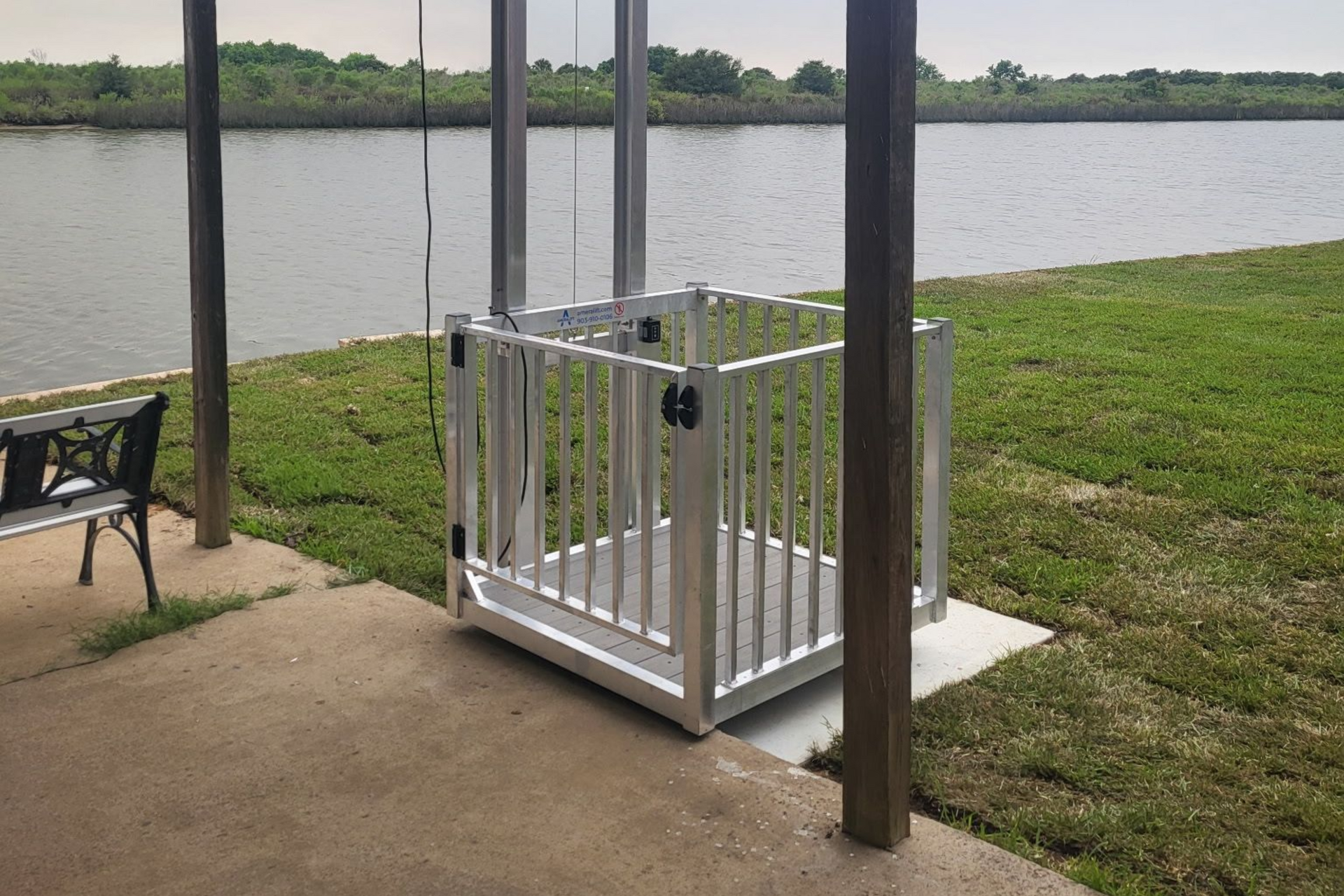 cargo lift installed on  a coastal home in the lowered position