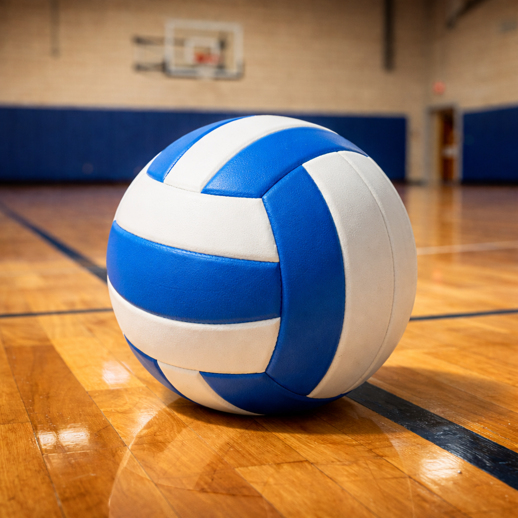 A blue and white volleyball sits on the polished wood floor of a gymnasium with a basketball hoop in the background.