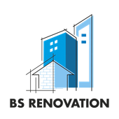 Logo : croquis de bâtiments bleus et blancs avec le texte « BS RENOVATION » en dessous.