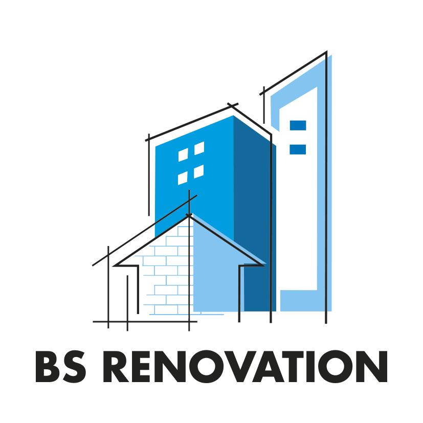 Logo : croquis de bâtiments bleus et blancs avec le texte « BS RENOVATION » en dessous.