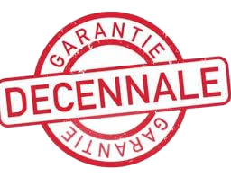 Timbre rouge avec l'inscription « GARANTIE » entourant « DÉCENNALE » en blanc.